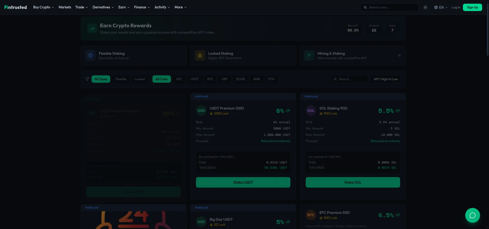 Codono earn and staking module showing flexible staking, locked staking and mining options with competitive APY rates