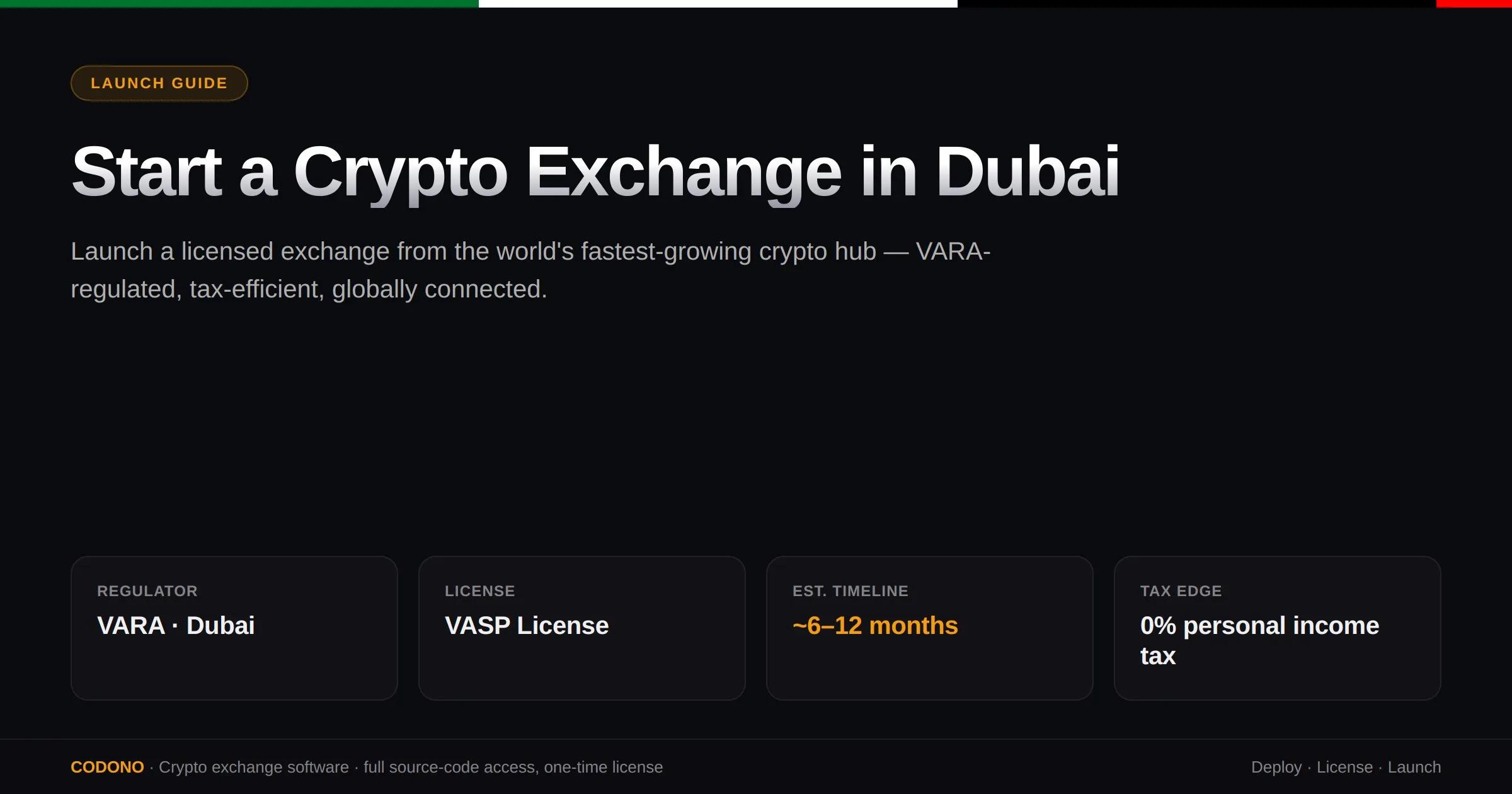 Start a Crypto Exchange in Dubai - launch guide showing the VARA regulator, VASP license, an estimated 6-12 month timeline, and Dubai's 0% personal income tax advantage
