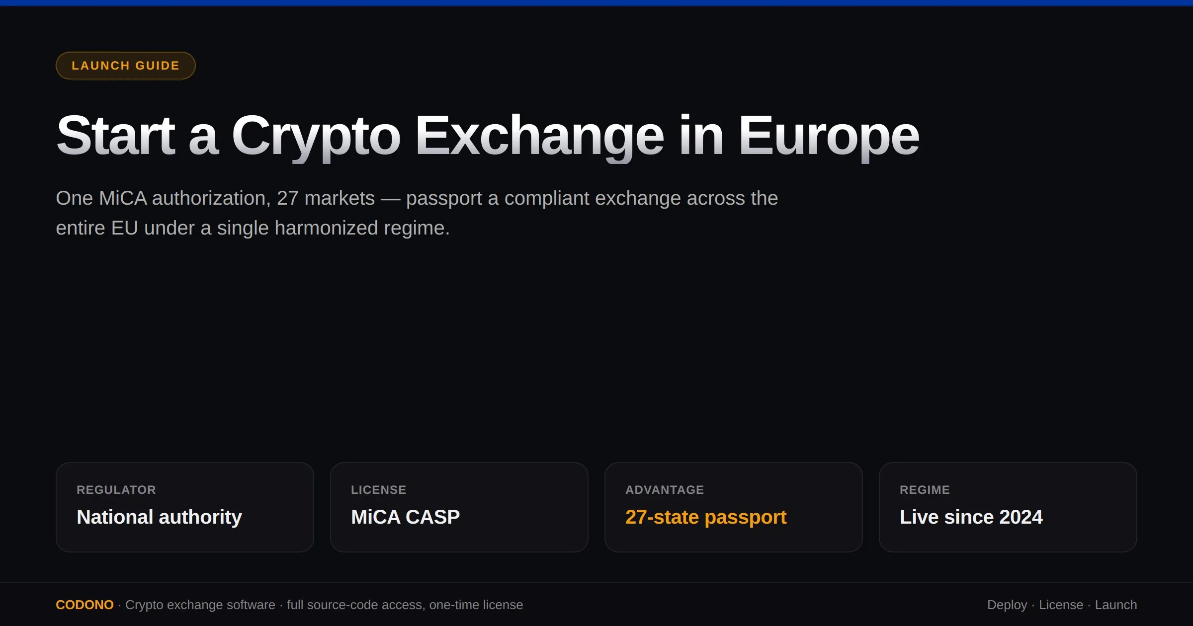 Start a Crypto Exchange in Europe - launch guide showing authorization by a national competent authority under MiCA, CASP licensing, a 27-state passport, and a regime live since 2024