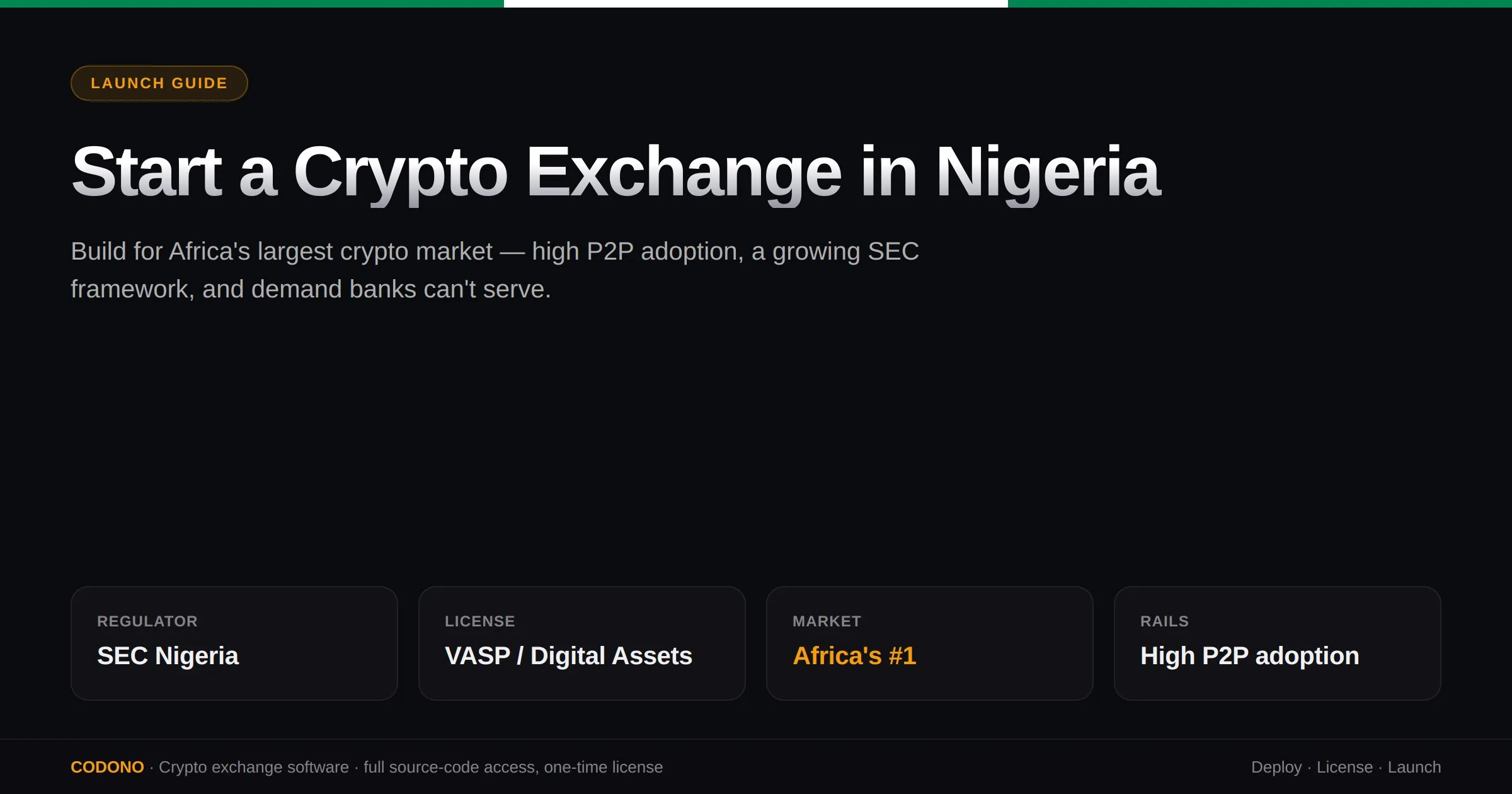Start a Crypto Exchange in Nigeria - launch guide showing the SEC Nigeria regulator, VASP/digital-asset registration, Africa's #1 crypto market, and high P2P adoption