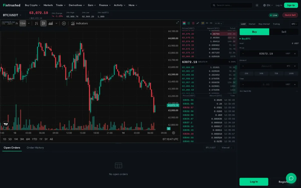 Codono spot trading interface — crypto exchange software with order book, TradingView chart, and recent trades