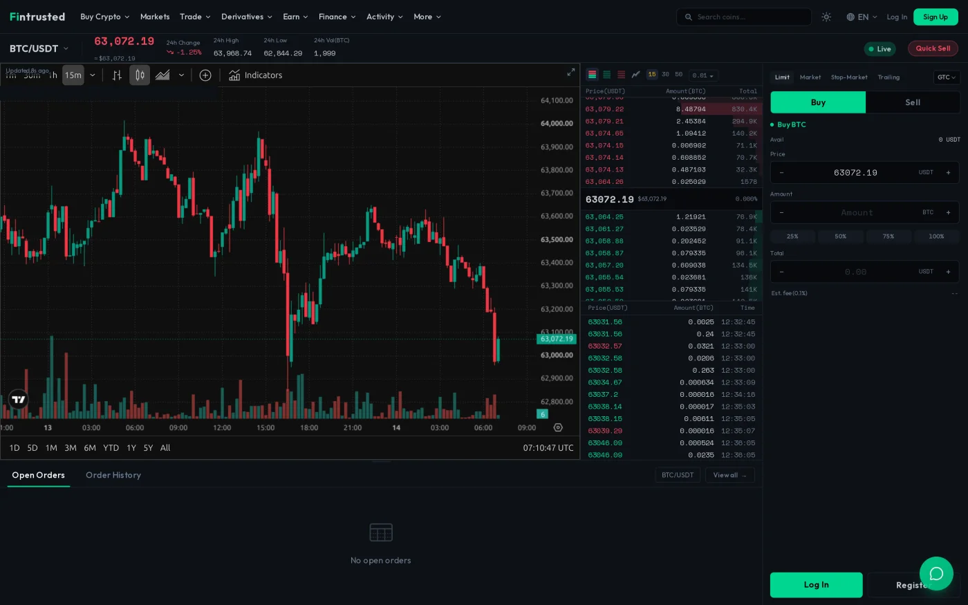 Codono spot trading interface — crypto exchange software with order book, TradingView chart, and recent trades