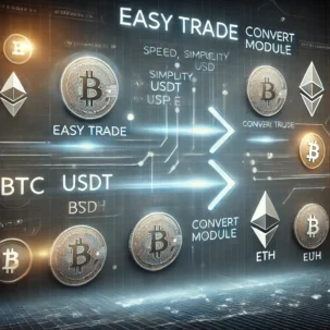 Illustration comparing Easy Trade and Convert Module features in Codono Script, highlighting cryptocurrency trading and conversions with coins like BTC, USDT, and XRP